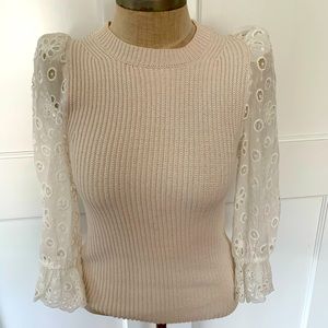 Rebecca Taylor Eyelet-Sleeve Knit Crewneck